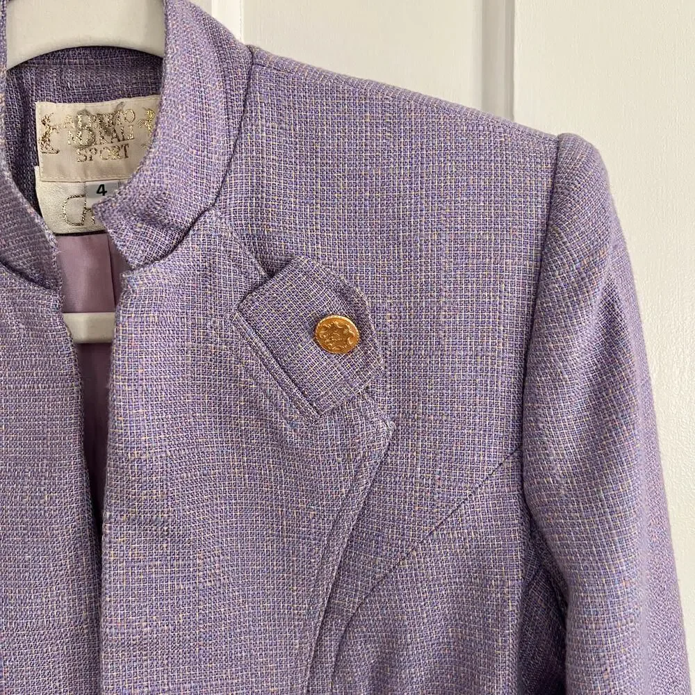 ♥️ Alberto Mikali Vintage Purple Cropped Tweed Military Jacket Size 4 - Picture 2 of 10